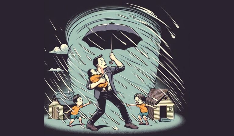 A man in the middle of a hurricane, holding an umbrella while trying to protect his two kids.