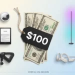 Collage of the best things to buy with 100 dollars in 2026, including Kindle, Stanley tumbler, AirTag, and Theragun Mini.