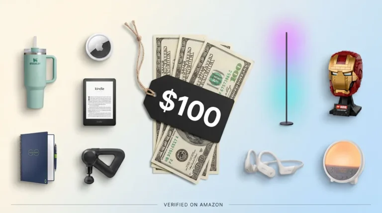 Things to Buy With 100 Dollars: Best Picks for 2026 1 Collage of the best things to buy with 100 dollars in 2026, including Kindle, Stanley tumbler, AirTag, and Theragun Mini.