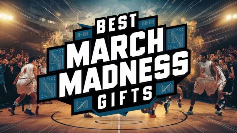 The featured image of the article. It is a basketball court that writes with huge letters "Best March Madness Gifts"