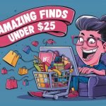 A playful and colorful cartoon illustration of a shopping addict browsing the internet. The character is sitting on a couch, with their laptop open, revealing a virtual shopping cart overflowing with various products. The character is wearing a pair of glasses, with a pulled-back hairstyle, and a wide grin, reflecting their excitement.