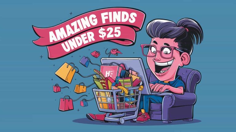 A playful and colorful cartoon illustration of a shopping addict browsing the internet. The character is sitting on a couch, with their laptop open, revealing a virtual shopping cart overflowing with various products. The character is wearing a pair of glasses, with a pulled-back hairstyle, and a wide grin, reflecting their excitement.