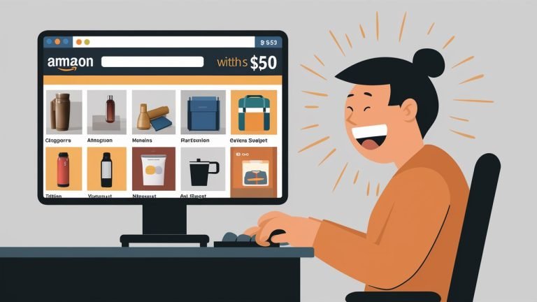 Here is a simplified version of the illustration description: A person sits at a desk, eyes glued to an Amazon product page on their computer screen. The screen shows various items across categories, all under $50. The person's face lights up with enthusiasm as they shop. The background is plain, keeping the focus on the shopping experience.