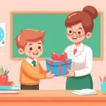 A flat illustration of a student giving his teacher a gift.