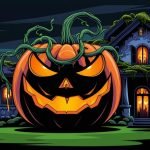 An evil Halloween pumpkin outside a haunted mansion