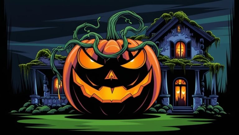 An evil Halloween pumpkin outside a haunted mansion