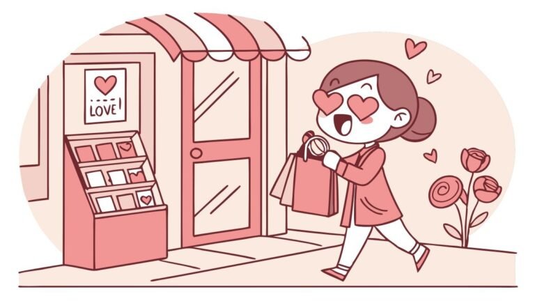 A girl with heart shaped eyes and full of excitement is shopping Valentines gift for her boyfriend.