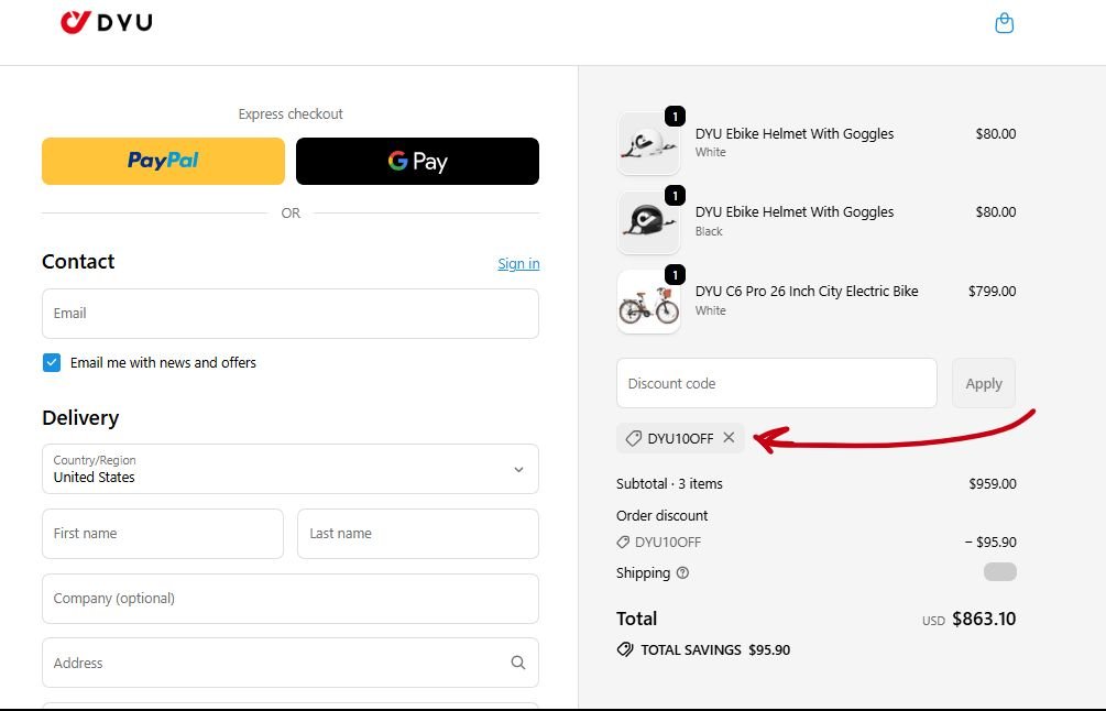 Screenshot from the checkout section of DYU's official website. The screenshot shows the DYU10OFF discount code being applied.