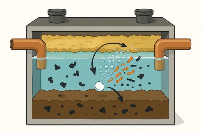 Septifix Review: Does It Actually Work, or Just Another Septic System Scam? 6 Infographic: Septic tank oxygenation. Cutaway shows scum, effluent, sludge. Septifix tablet releases oxygen bubbles. Anaerobic bacteria (dark) in oxygen-poor zones; aerobic bacteria (bright) near oxygen, breaking waste. Callouts detail bacterial action, anaerobic state, temporary oxygenation, pH balancing.