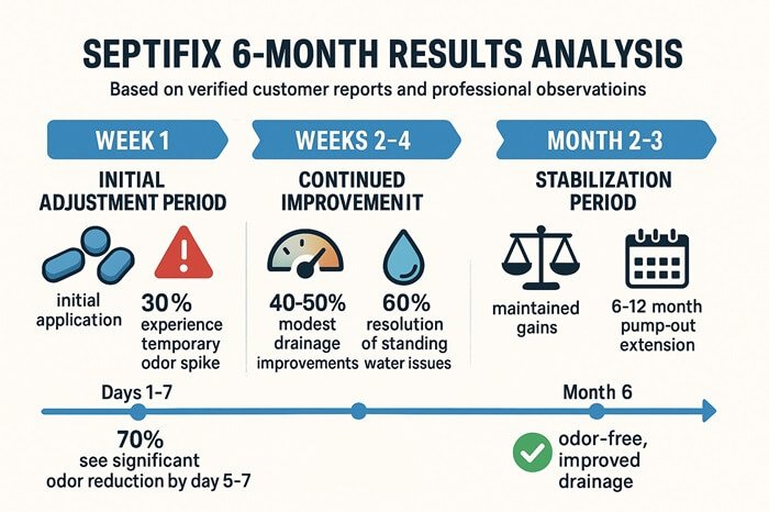 Septifix Review: Does It Actually Work, or Just Another Septic System Scam? 8 Professional Septifix septic treatment timeline: Week 1 adjustment, continued improvement through month 1, stabilization period, and long-term plateau results.