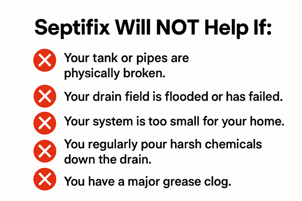 Septifix Review: Does It Actually Work, or Just Another Septic System Scam? 13 Septifix limitations: graphic showing when Septifix will NOT help with septic tank issues.