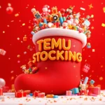 Festive Christmas stocking filled with colorful Temu products, gifts, and toys in vibrant 3D style