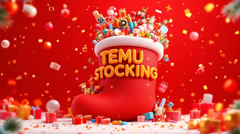 60+ Best Temu Stocking Stuffers Under $10 1 Festive Christmas stocking filled with colorful Temu products, gifts, and toys in vibrant 3D style
