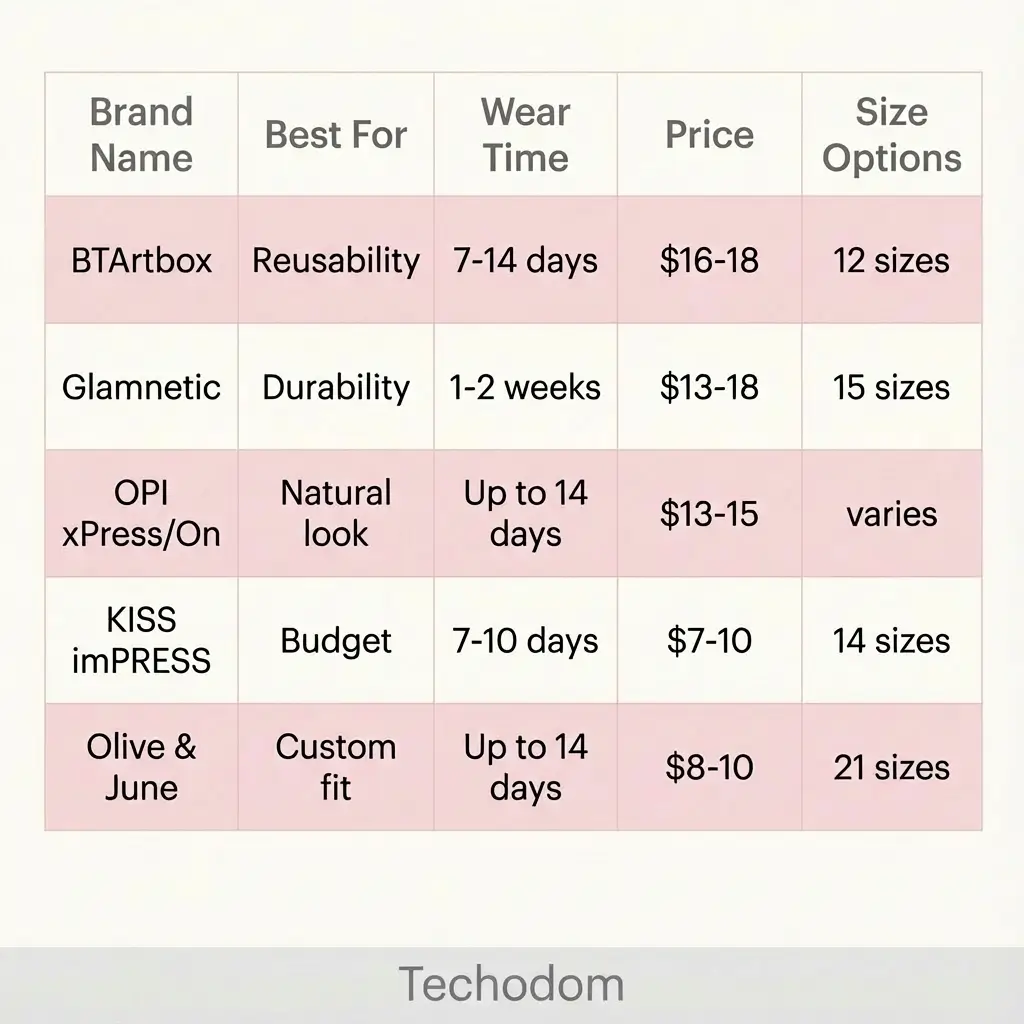 Comparison chart of five best press-on nail brands showing wear time, price, and size options for Static Nails, Glamnetic, OPI, KISS, and Olive and June