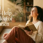 A confident, sophisticated woman in her 30s sitting in a sun-drenched modern reading nook., holding a hardcover book open but looking up and away from it with a serene, empowered expression.