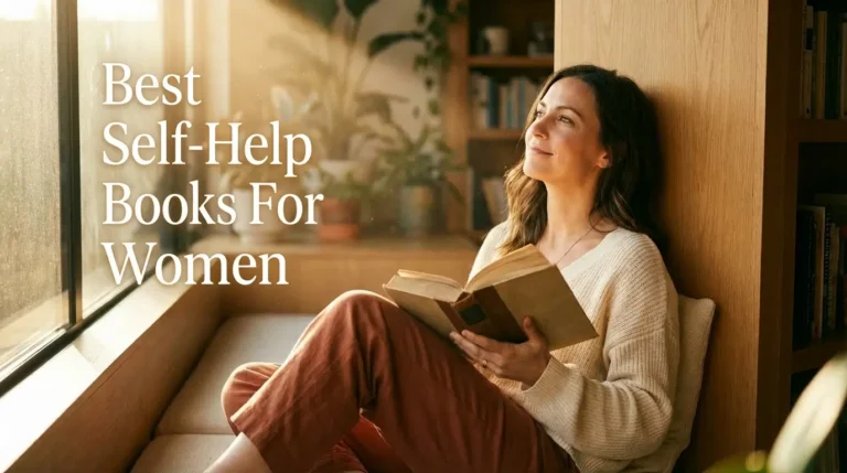 A confident, sophisticated woman in her 30s sitting in a sun-drenched modern reading nook., holding a hardcover book open but looking up and away from it with a serene, empowered expression.
