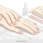 Woman's hands with salon-quality press-on nails in soft pink shade alongside a press-on nail application kit