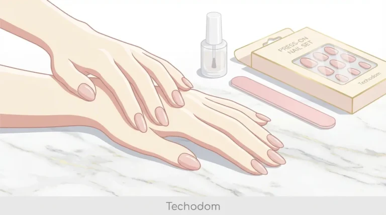 Woman's hands with salon-quality press-on nails in soft pink shade alongside a press-on nail application kit