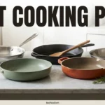 Five best cooking pans for 2026 arranged on marble countertop including stainless steel, ceramic nonstick, and cast iron skillets