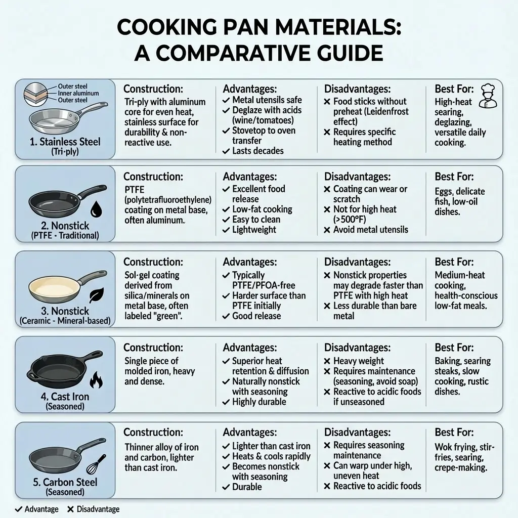 The Best Cooking Pans of 2026: Tested for Performance, Health, and Style 20 Comparison infographic showing five cooking pan materials including tri-ply stainless steel, ceramic nonstick, PTFE nonstick, cast iron, and carbon steel with key features
