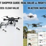 Best budget drones from AliExpress at three price points - $35, $110, and $280 - shown on table and in flight