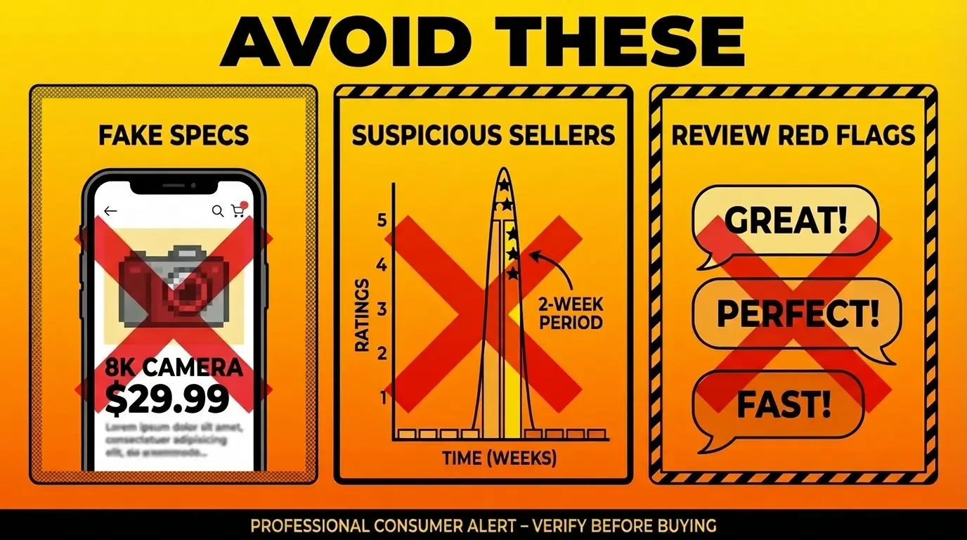 Warning signs of fake drone listings on AliExpress including impossible specs, suspicious sellers, and manipulated reviews