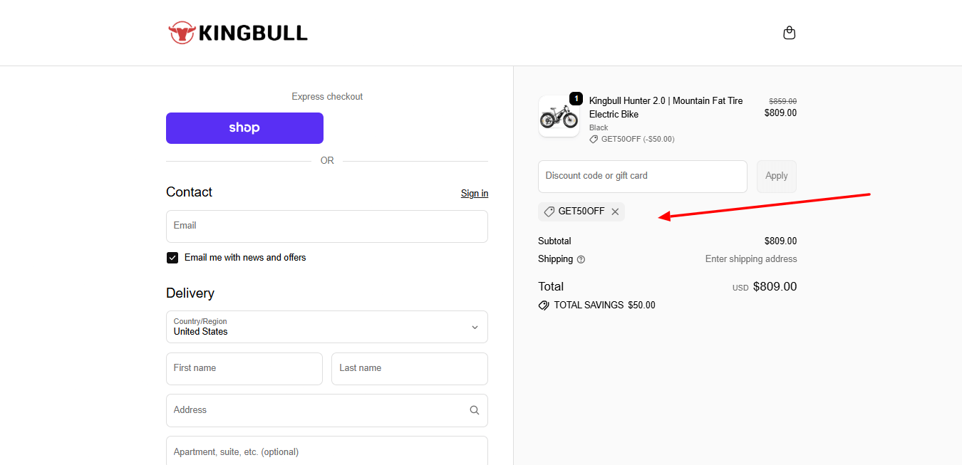 Kingbull checkout page showing GET50OFF discount code applied with $50 savings in order summary
