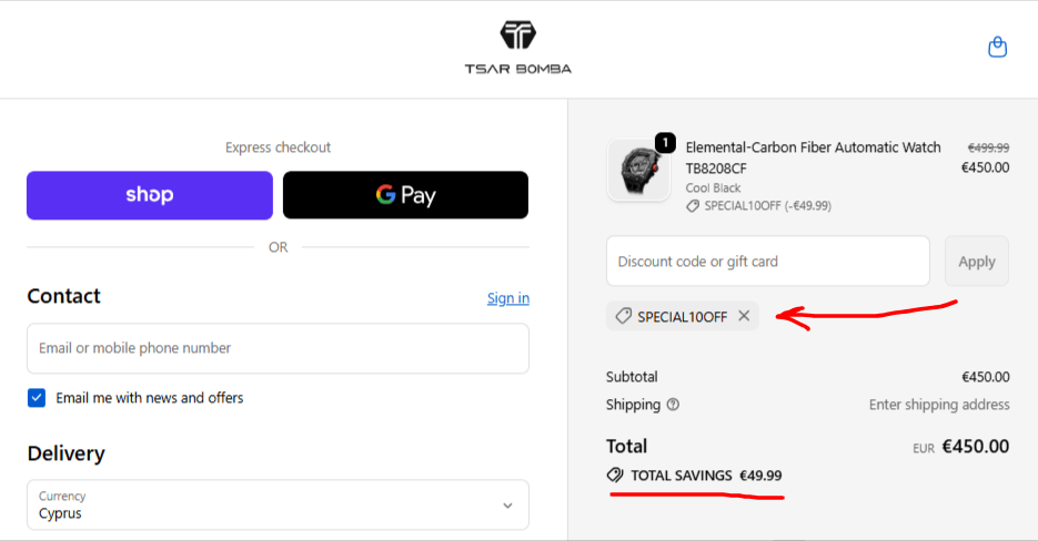 Checkout page at Tsarbomba showing the discount code SPECIAL10OFF that works.