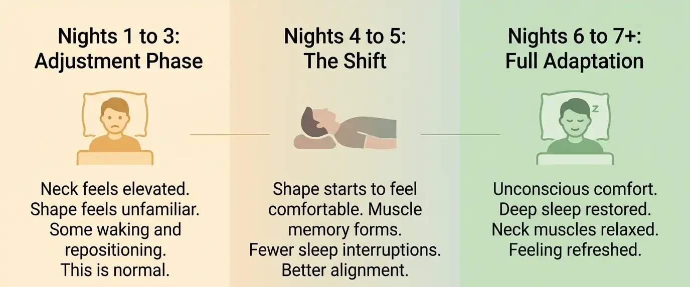 Derila Ergo Memory Foam Pillow Review: Is It Worth Buying? 4 Three-phase adjustment timeline for Derila Ergo pillow showing nights 1 to 3 adaptation, nights 4 to 5 shift, and night 7 onward results