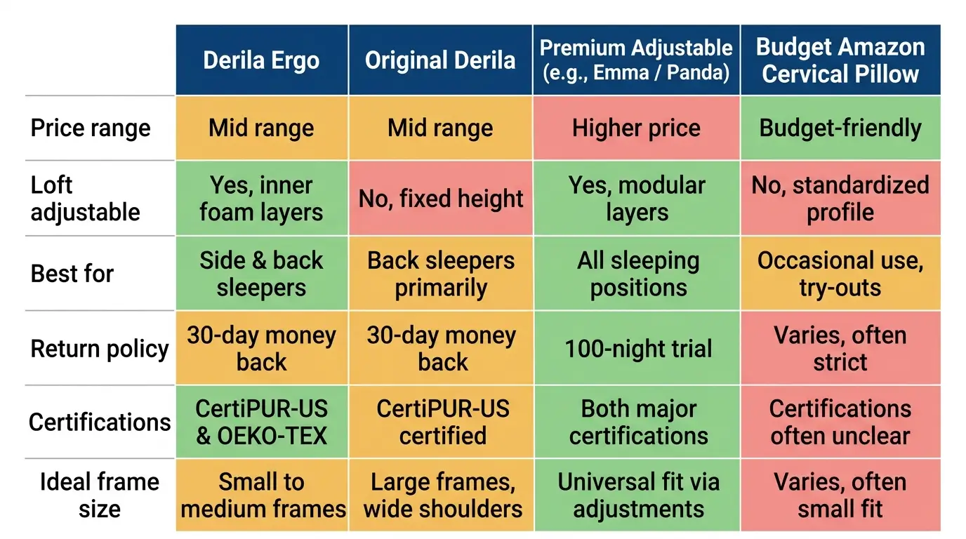Derila Ergo Memory Foam Pillow Review: Is It Worth Buying? 8 Comparison table of Derila Ergo versus original Derila pillow, premium adjustable pillows, and budget Amazon cervical pillows across price, adjustability, return policy, and frame suitability