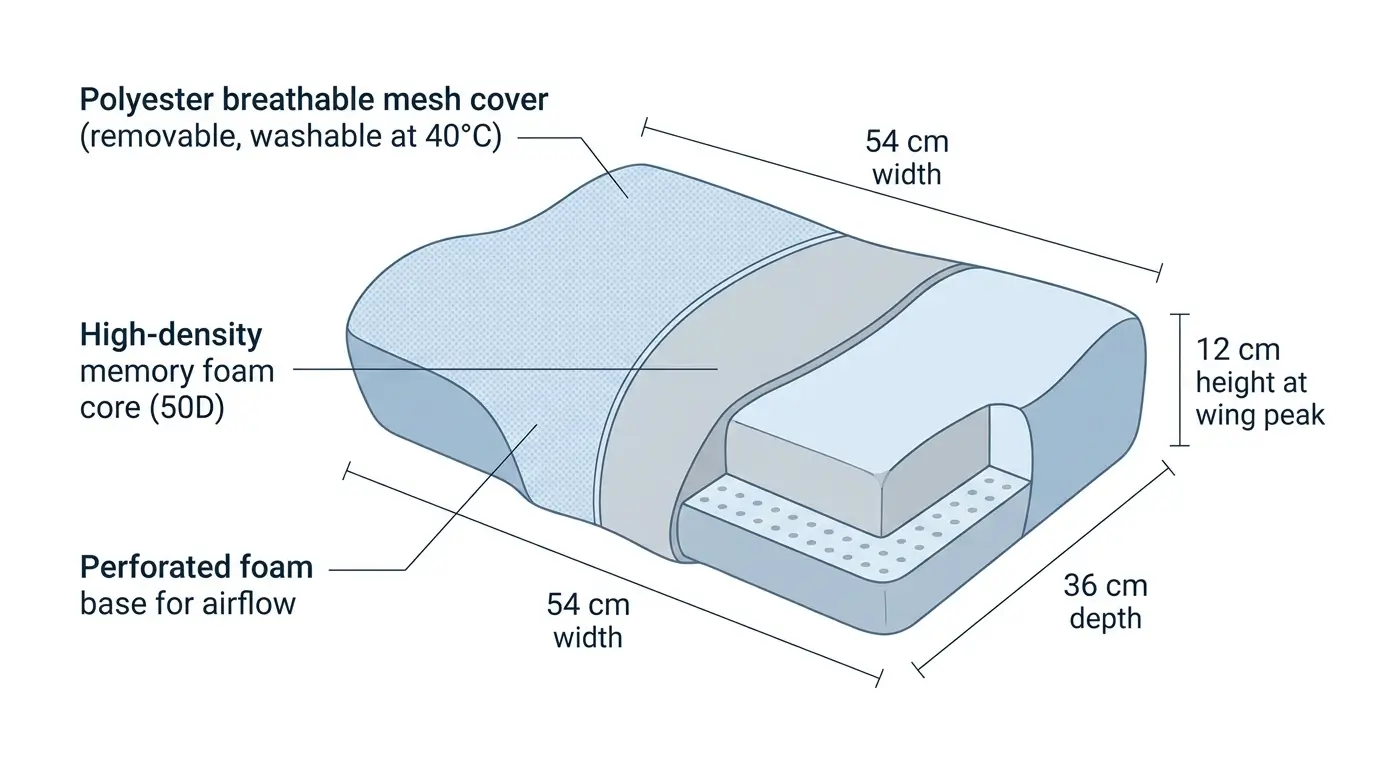Derila Ergo Memory Foam Pillow Review: Is It Worth Buying? 1 Cross-section diagram of Derila Ergo pillow showing memory foam core layers and dimensions: 54 x 36 x 12 cm