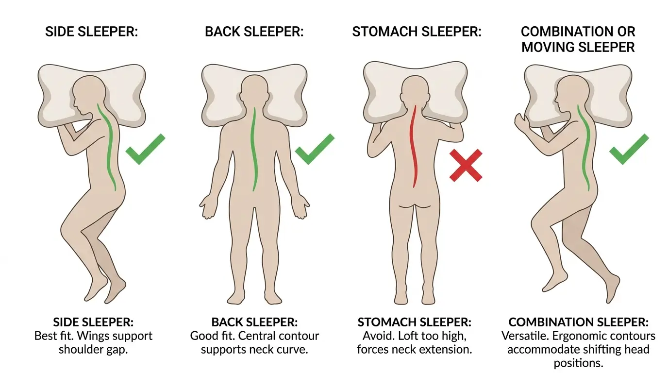 Derila Ergo Memory Foam Pillow Review: Is It Worth Buying? 5 Diagram showing Derila Ergo pillow suitability for four sleep positions: side sleeper approved, back sleeper approved, stomach sleeper not recommended, combination sleeper variable