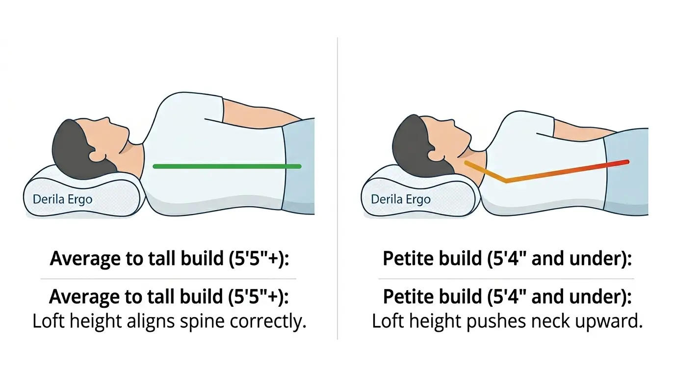 Derila Ergo Memory Foam Pillow Review: Is It Worth Buying? 6 Comparison diagram showing Derila Ergo pillow fit for average to tall build versus petite build, with spinal alignment lines indicating correct and incorrect head position