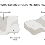 Derila Ergo Memory Foam Pillow showing butterfly contour design with annotated neck cradle and side support wings