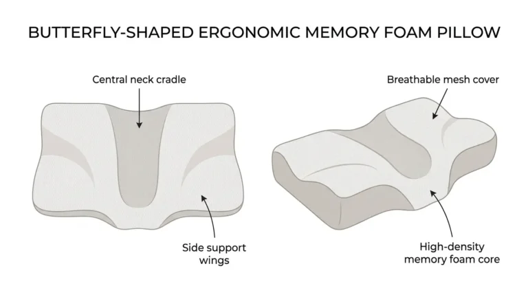 Derila Ergo Memory Foam Pillow showing butterfly contour design with annotated neck cradle and side support wings
