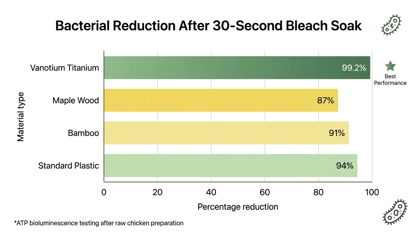 Bar chart showing 99.2% bacterial reduction on Vanotium titanium board compared to wood, bamboo, and plastic