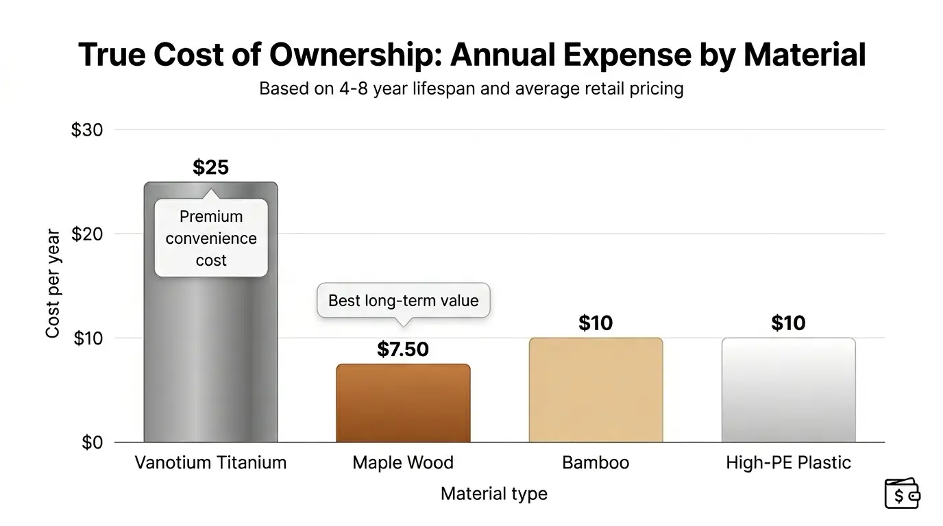 Bar chart comparing annual cost of ownership showing Vanotium at $25/year vs maple wood at $7.50/year