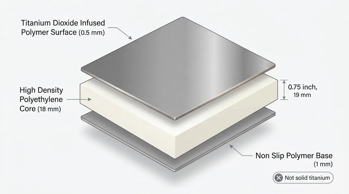 Vanotium cutting board cross-section showing titanium-infused surface layer and HDPE core construction