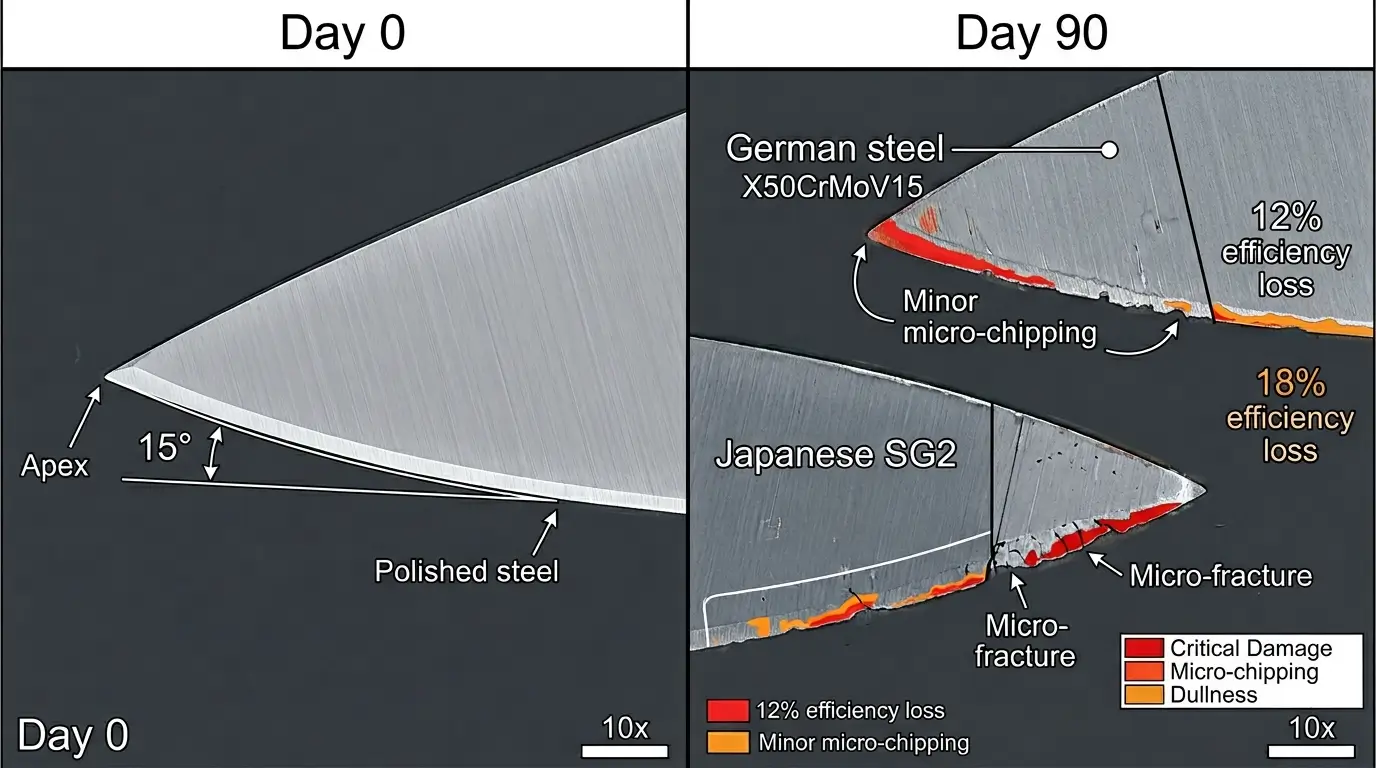 Microscopic comparison of knife edge wear after 90 days showing 12% and 18% degradation on German and Japanese steel