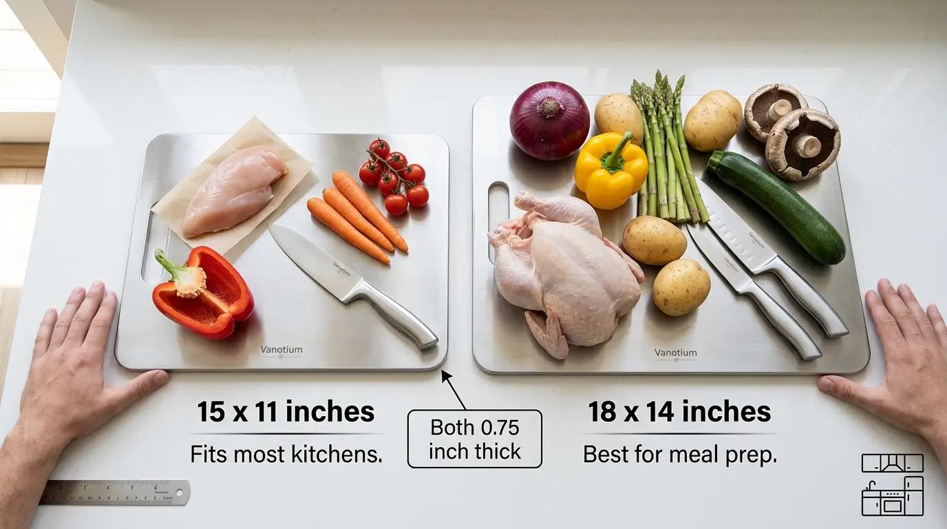 Size comparison showing 15x11 inch standard and 18x14 inch large Vanotium cutting boards with scale reference