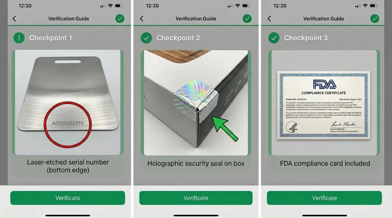 Authentication guide showing laser-etched serial number, holographic seal, and FDA documentation locations