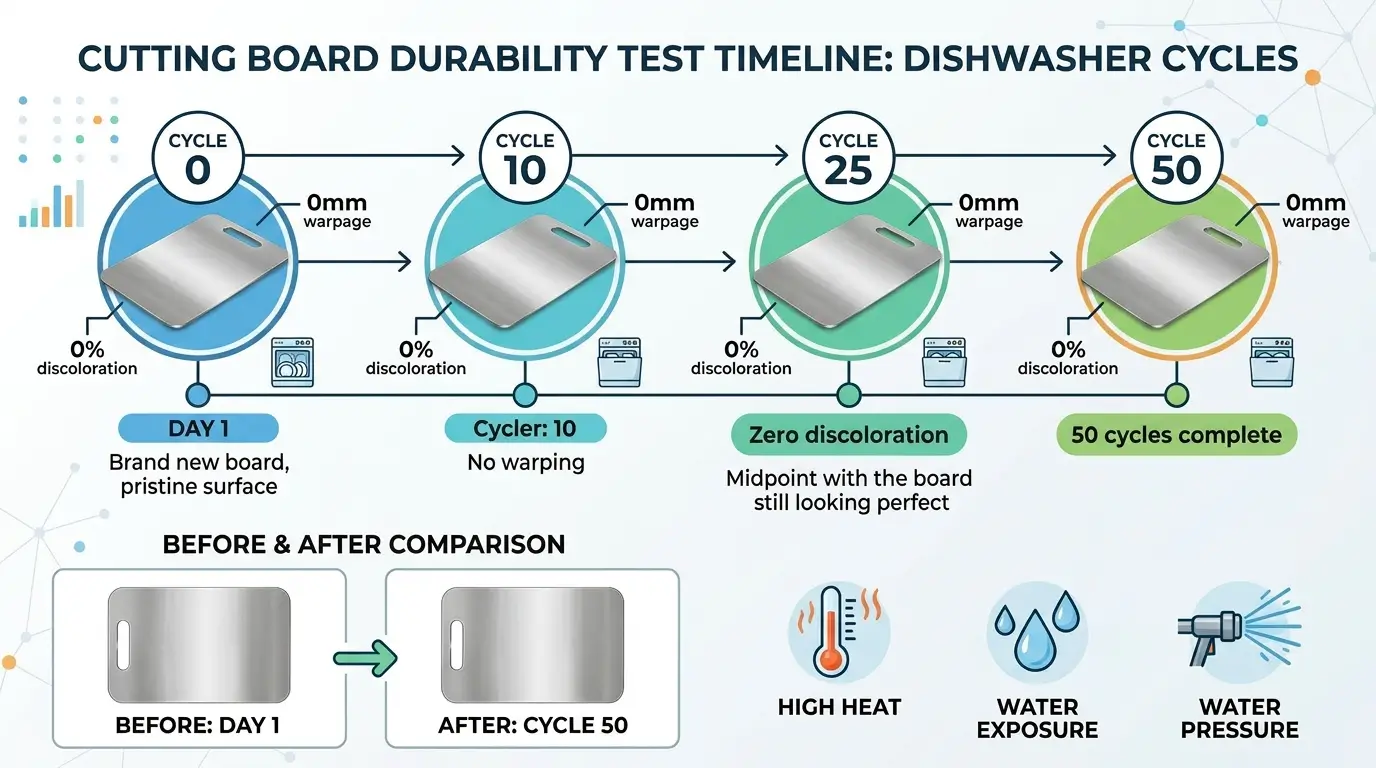 Timeline showing Vanotium board after 0, 10, 25, and 50 dishwasher cycles with zero warping or discoloration