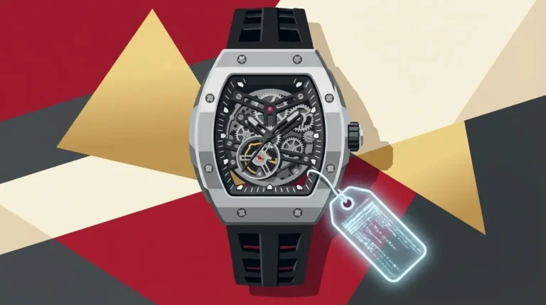 Bold editorial illustration of a luxury Tsar Bomba watch with a discount tag