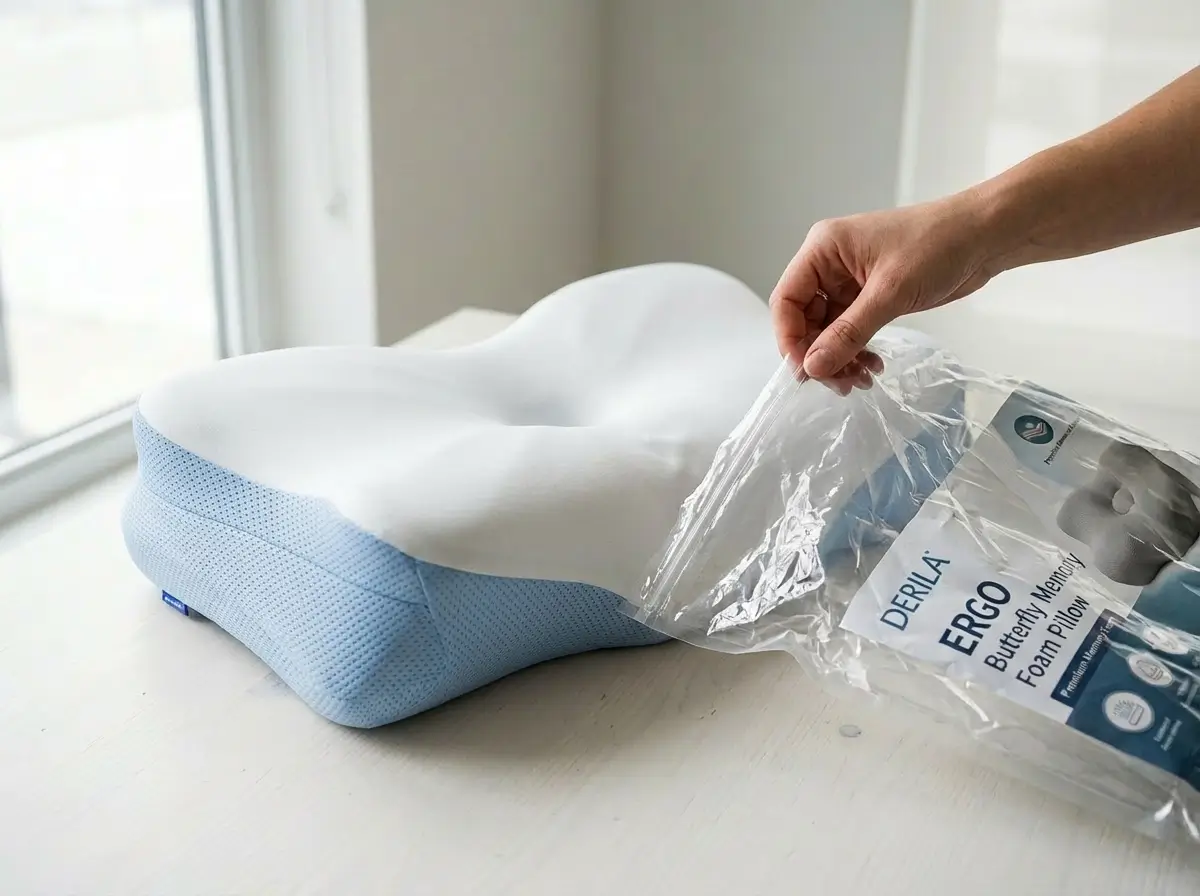 Derila Ergo Memory Foam Pillow Review: Is It Worth Buying? 2 Derila Ergo Memory Foam Pillow being unboxed from vacuum-sealed packaging, butterfly contour shape visible as foam begins to expand