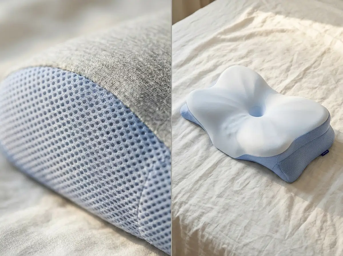 Derila Ergo Memory Foam Pillow Review: Is It Worth Buying? 3 Close-up detail of Derila Ergo pillow breathable mesh cover fabric texture alongside full butterfly contour shape viewed from above on white bedsheet