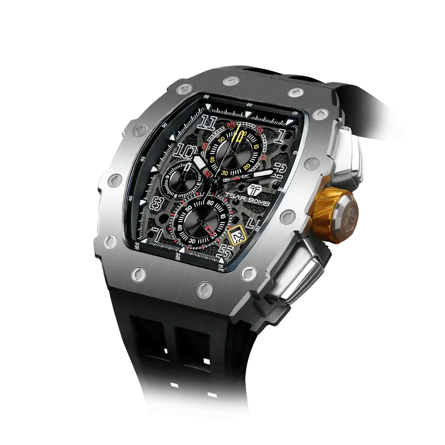 Silver and black Tsar Bomba chronograph watch featuring a skeletonized dial, gold crown, and black rubber strap.