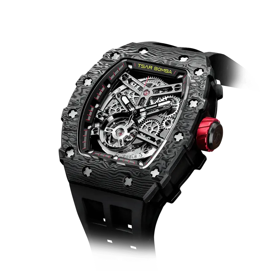 Black carbon fiber Tsar Bomba automatic skeleton watch showing exposed gears, a red crown, and a black strap.