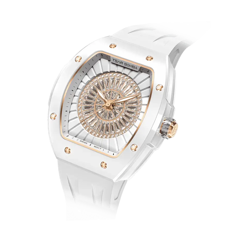 White Tsar Bomba luxury watch with a fully crystal-encrusted dial, rose gold accents, and a white silicone strap.