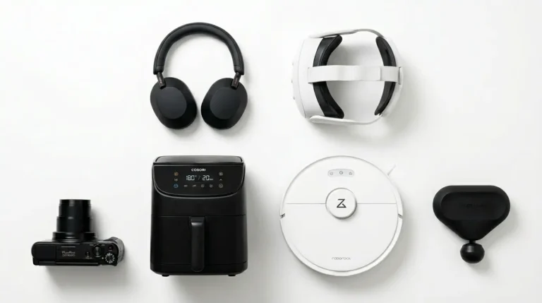 52 Interesting Things to Buy With $400 (Or Less) 1 Best things to buy with 400 dollars in 2026, featuring Sony WH-1000XM5 headphones, Meta Quest 3S VR headset, COSORI air fryer, roborock robot vacuum, Canon SX740 camera, and Theragun Mini massage gun on a white background.