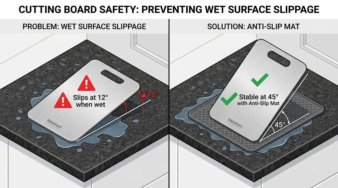 Wet countertop grip test showing board slippage at 12 degrees and stability with anti-slip mat